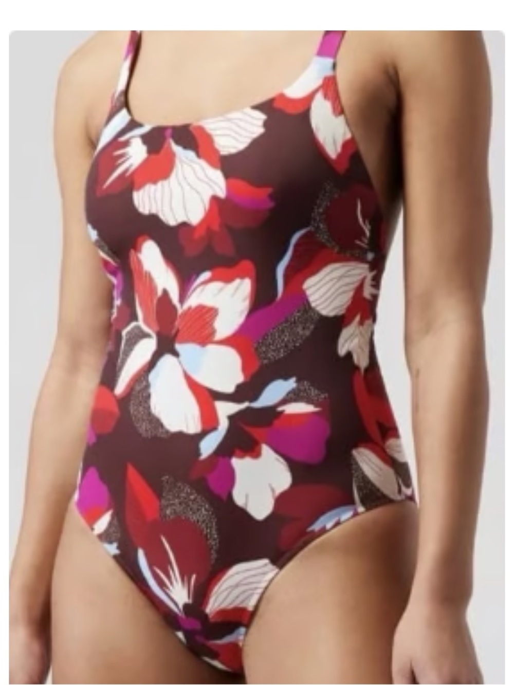 Athleta Brown Floral One-Piece Swimsuit with Red, White, Pink Accents
